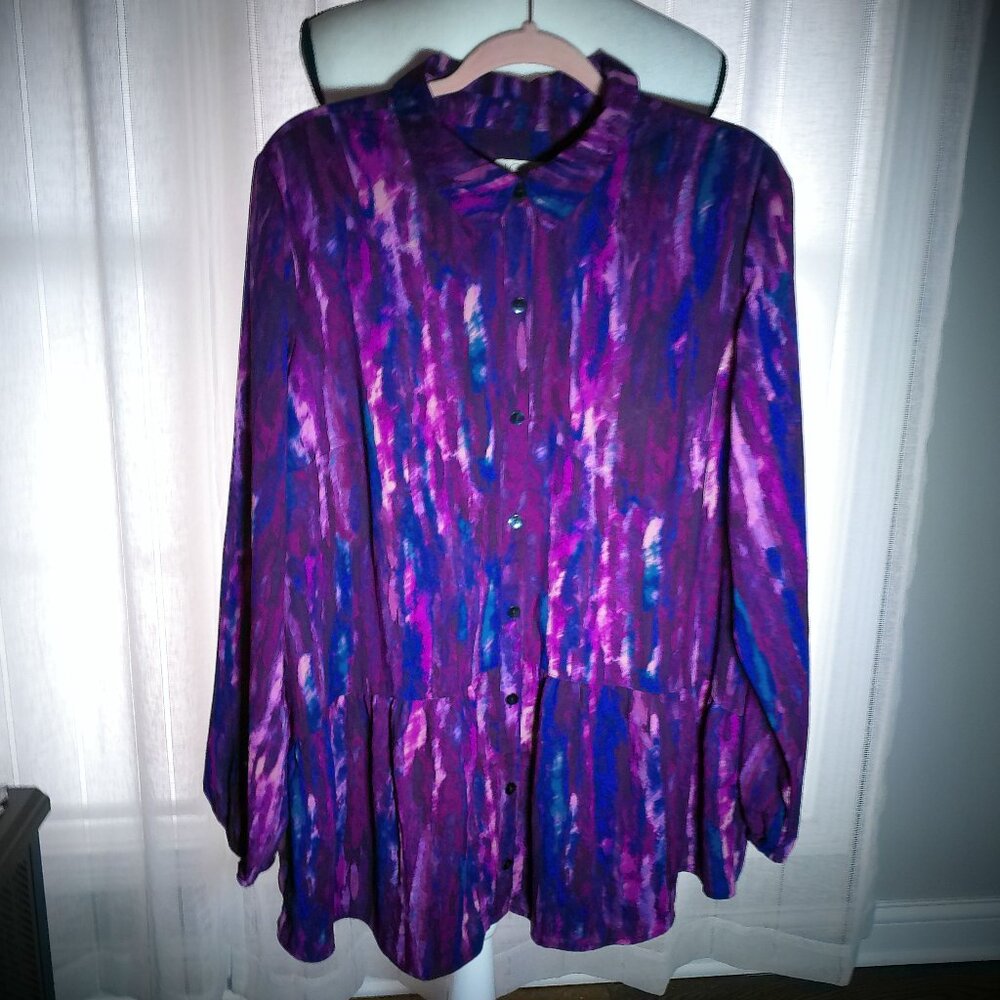 LOGO by Lori Goldstein Blouse Tunic Collared Button-Up Multi-Color Design L